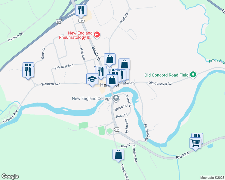 map of restaurants, bars, coffee shops, grocery stores, and more near 19 Bridge Street in Henniker