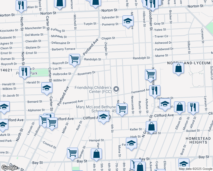 map of restaurants, bars, coffee shops, grocery stores, and more near 166 Clairmount Street in Rochester