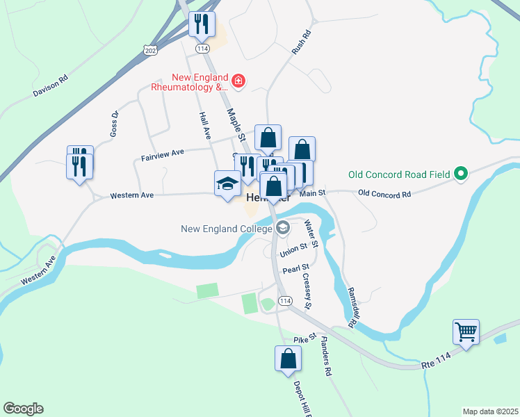 map of restaurants, bars, coffee shops, grocery stores, and more near 15 Western Avenue in Henniker