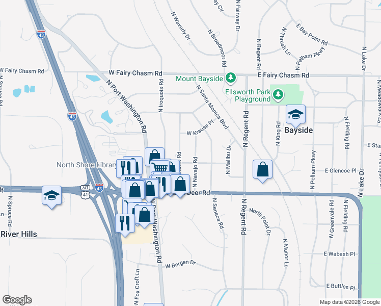 map of restaurants, bars, coffee shops, grocery stores, and more near 8914 North Mohawk Road in Bayside