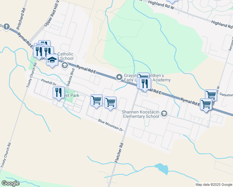 map of restaurants, bars, coffee shops, grocery stores, and more near 103 Bocelli Crescent in Hamilton