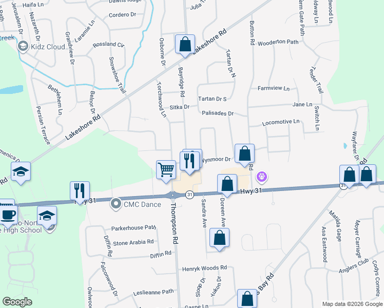 map of restaurants, bars, coffee shops, grocery stores, and more near 8444 Bayridge Road in Cicero