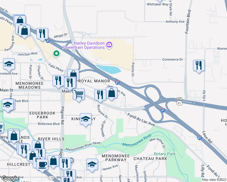 map of restaurants, bars, coffee shops, grocery stores, and more near N88W14999 Jefferson Avenue in Menomonee Falls