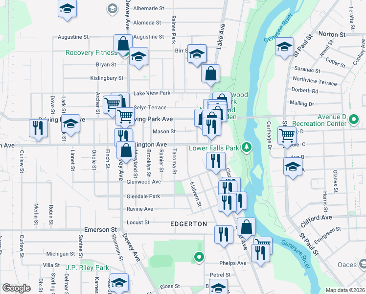 map of restaurants, bars, coffee shops, grocery stores, and more near 175 Lexington Avenue in Rochester