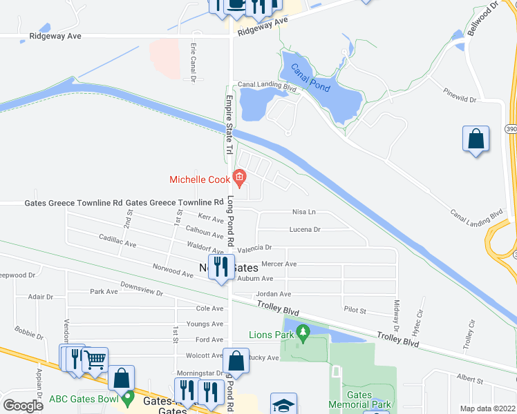 map of restaurants, bars, coffee shops, grocery stores, and more near 25 Nisa Lane in Rochester