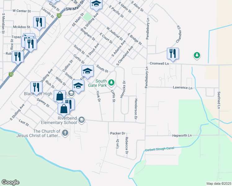 map of restaurants, bars, coffee shops, grocery stores, and more near 701 Curtis Street in Blackfoot