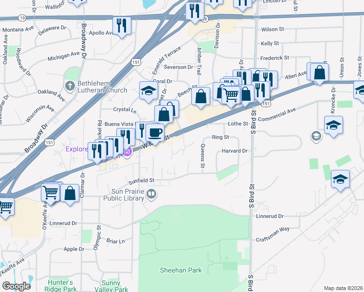 map of restaurants, bars, coffee shops, grocery stores, and more near 232 Foxdale Drive in Sun Prairie