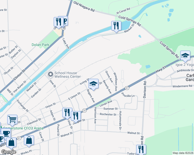 map of restaurants, bars, coffee shops, grocery stores, and more near 184 Irving Street in Lockport
