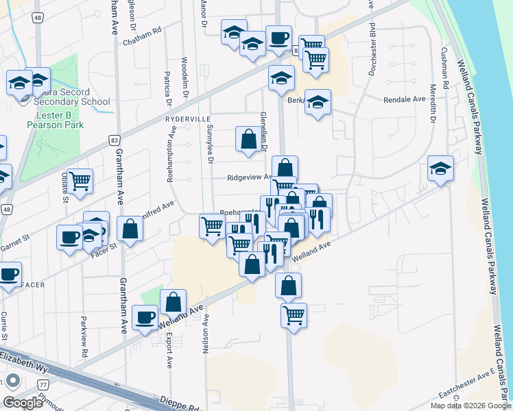 map of restaurants, bars, coffee shops, grocery stores, and more near 89 Roehampton Avenue in St. Catharines