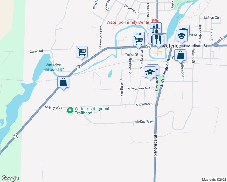 map of restaurants, bars, coffee shops, grocery stores, and more near 550 Milwaukee Avenue in Waterloo