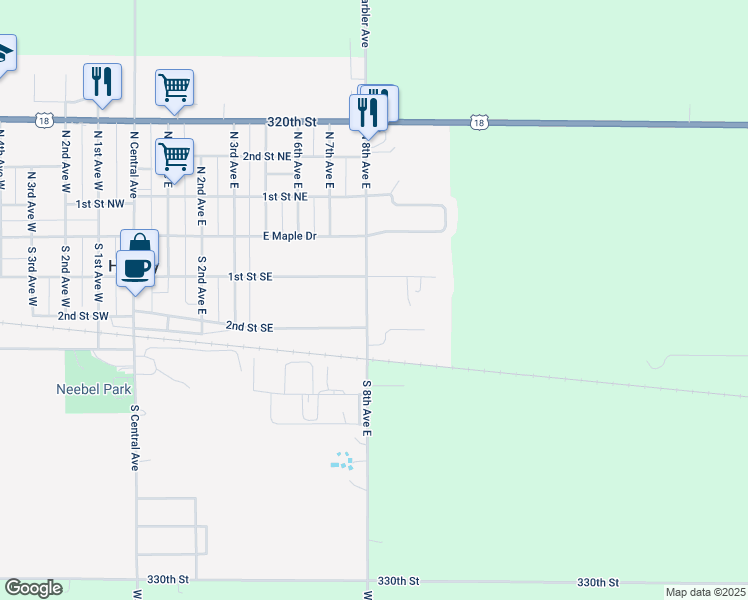 map of restaurants, bars, coffee shops, grocery stores, and more near 150 South 8th Avenue East in Hartley