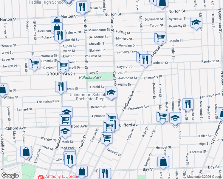 map of restaurants, bars, coffee shops, grocery stores, and more near 662 Wilkins Street in Rochester