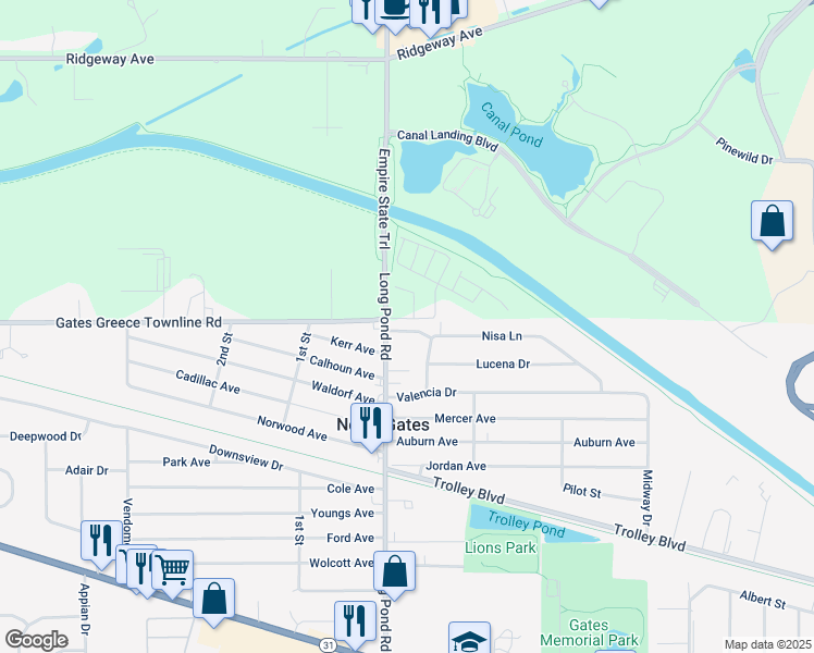 map of restaurants, bars, coffee shops, grocery stores, and more near 25 Nisa Lane in Rochester