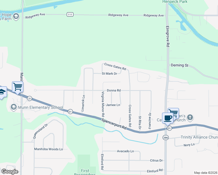 map of restaurants, bars, coffee shops, grocery stores, and more near 82 Donna Road in Rochester
