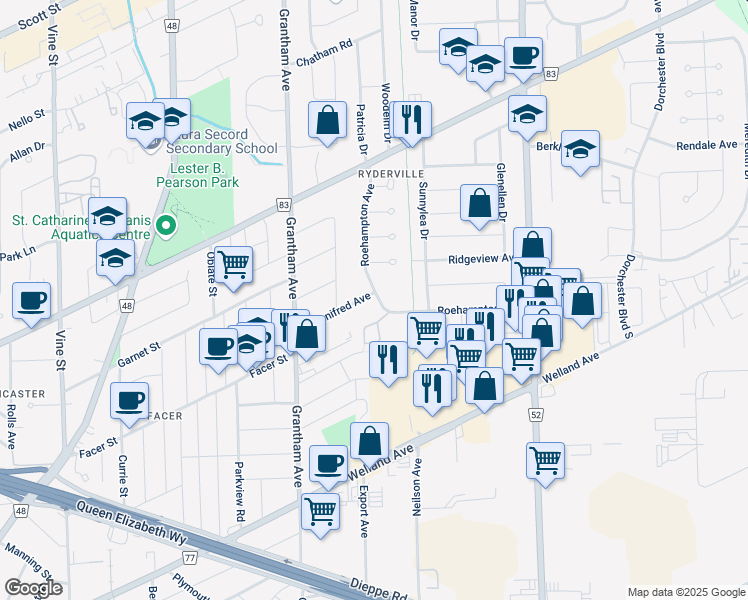 map of restaurants, bars, coffee shops, grocery stores, and more near in St. Catharines