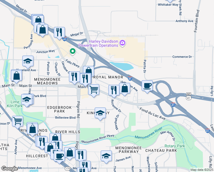 map of restaurants, bars, coffee shops, grocery stores, and more near N89W15243 Cleveland Avenue in Menomonee Falls