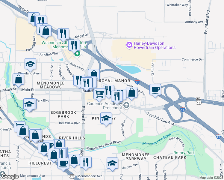 map of restaurants, bars, coffee shops, grocery stores, and more near N89W15243 Cleveland Avenue in Menomonee Falls