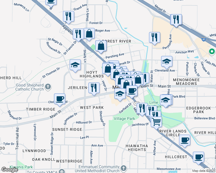 map of restaurants, bars, coffee shops, grocery stores, and more near N88W16954 Main Street in Menomonee Falls