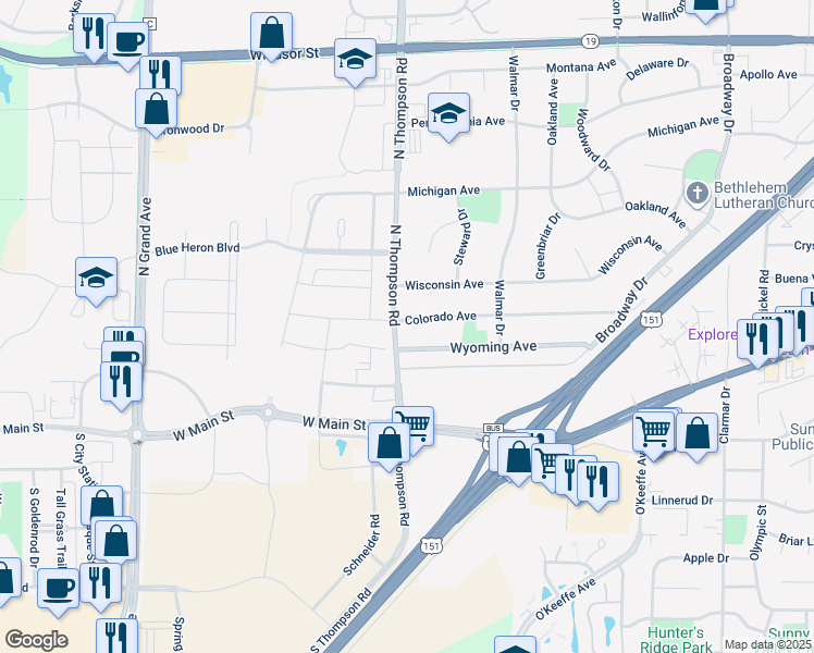map of restaurants, bars, coffee shops, grocery stores, and more near 2241 Colorado Avenue in Sun Prairie