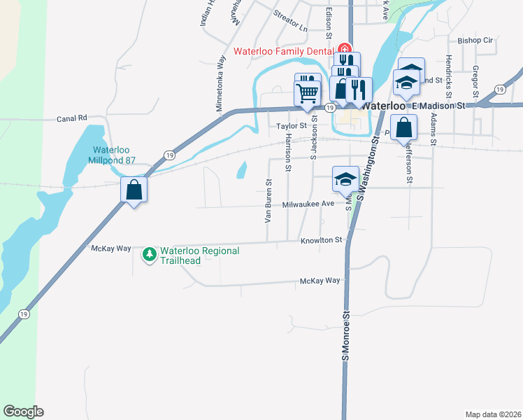 map of restaurants, bars, coffee shops, grocery stores, and more near 550 Milwaukee Avenue in Waterloo
