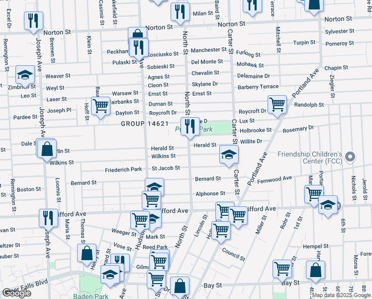 map of restaurants, bars, coffee shops, grocery stores, and more near 111 Herald Street in Rochester