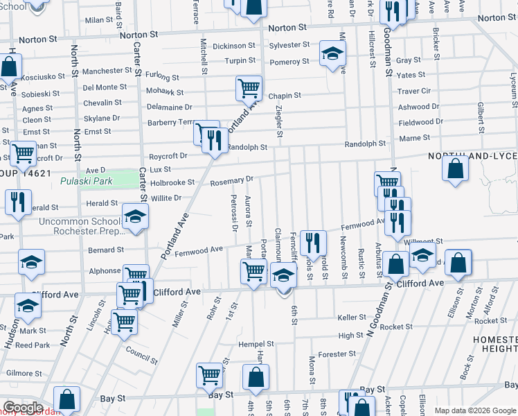 map of restaurants, bars, coffee shops, grocery stores, and more near 60 Aurora Street in Rochester