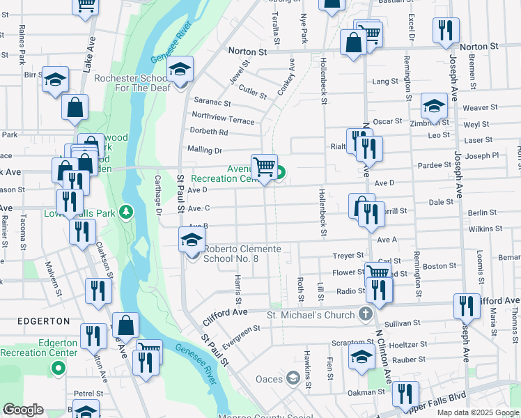 map of restaurants, bars, coffee shops, grocery stores, and more near 299 Conkey Avenue in Rochester
