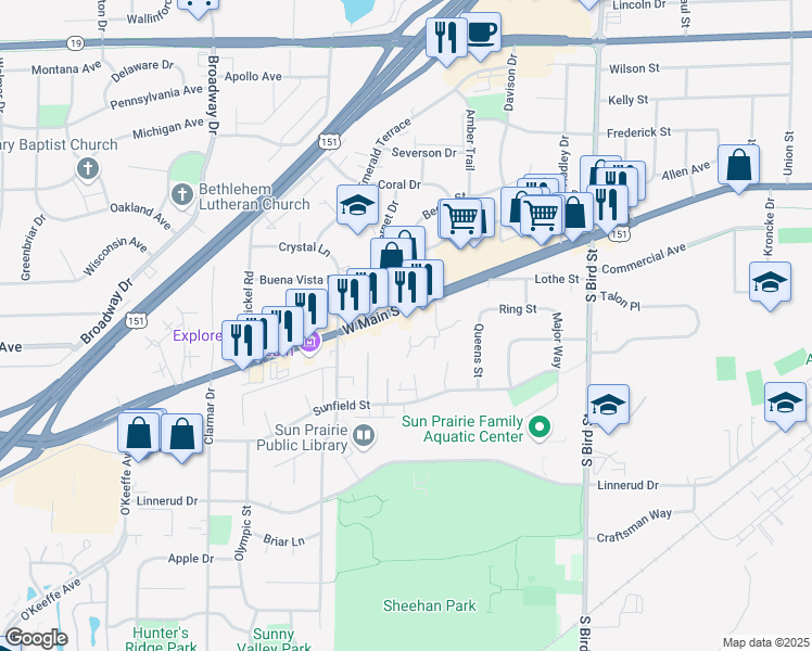 map of restaurants, bars, coffee shops, grocery stores, and more near 1223 West Main Street in Sun Prairie