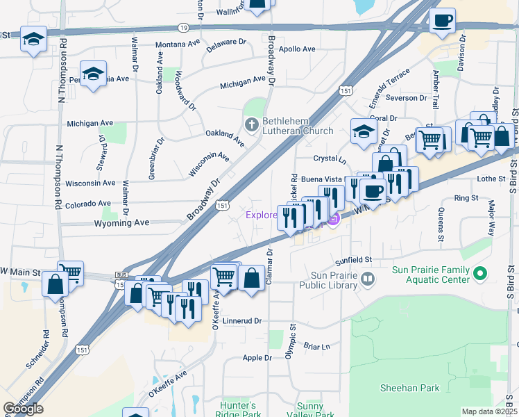 map of restaurants, bars, coffee shops, grocery stores, and more near 500 Park Circle in Sun Prairie