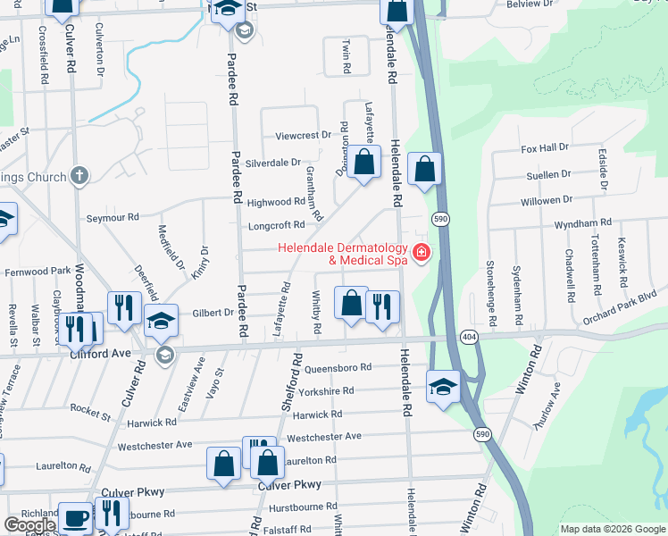 map of restaurants, bars, coffee shops, grocery stores, and more near 111 Cliffordale Park in Rochester