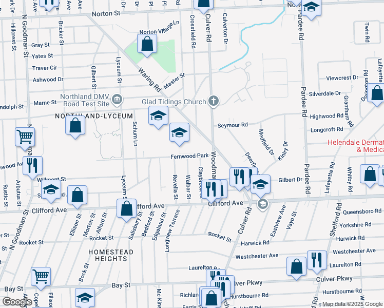 map of restaurants, bars, coffee shops, grocery stores, and more near 1005 Fernwood Park in Rochester