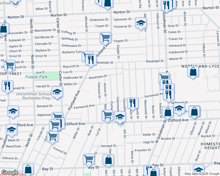 map of restaurants, bars, coffee shops, grocery stores, and more near 60 Aurora Street in Rochester