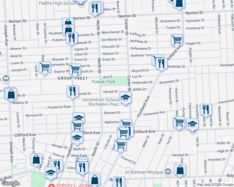 map of restaurants, bars, coffee shops, grocery stores, and more near 612 Wilkins Street in Rochester