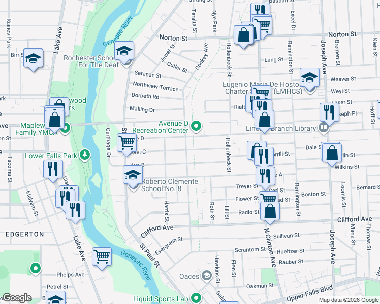 map of restaurants, bars, coffee shops, grocery stores, and more near 270 Avenue B in Rochester