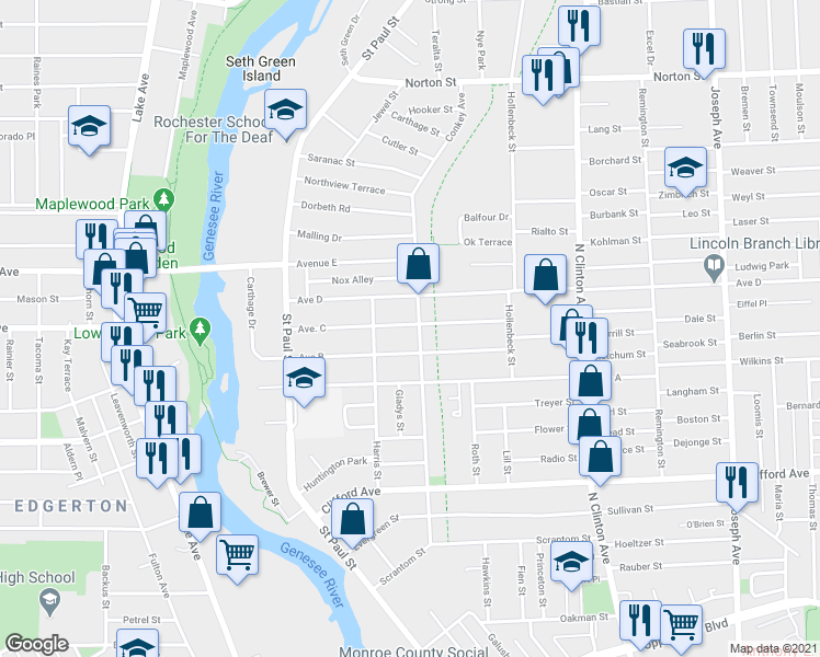 map of restaurants, bars, coffee shops, grocery stores, and more near 155 Avenue C in Rochester