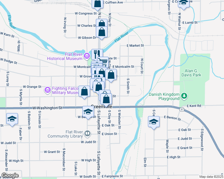 map of restaurants, bars, coffee shops, grocery stores, and more near 208 East Cass Street in Greenville