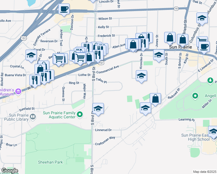 map of restaurants, bars, coffee shops, grocery stores, and more near 244 Talon Place in Sun Prairie