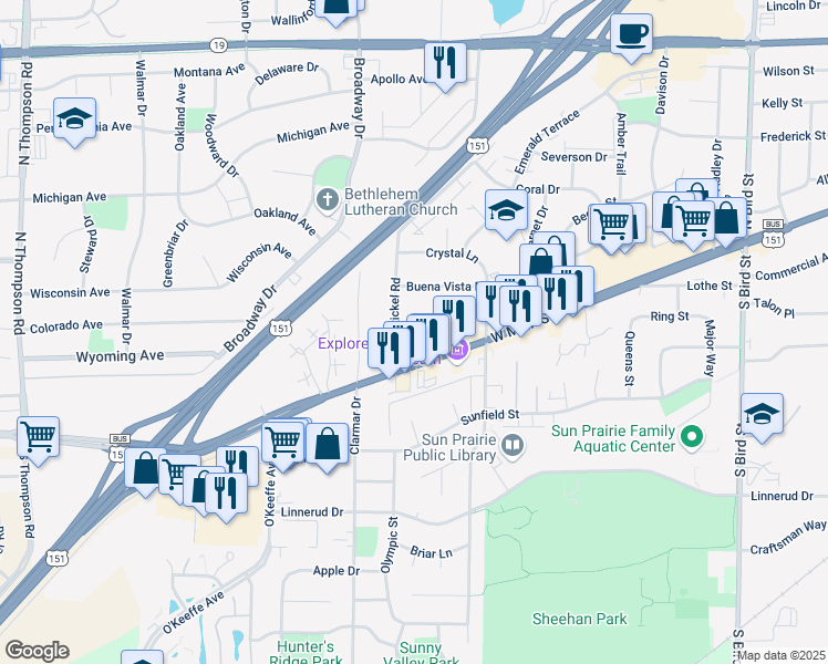 map of restaurants, bars, coffee shops, grocery stores, and more near 17 Rickel Road in Sun Prairie