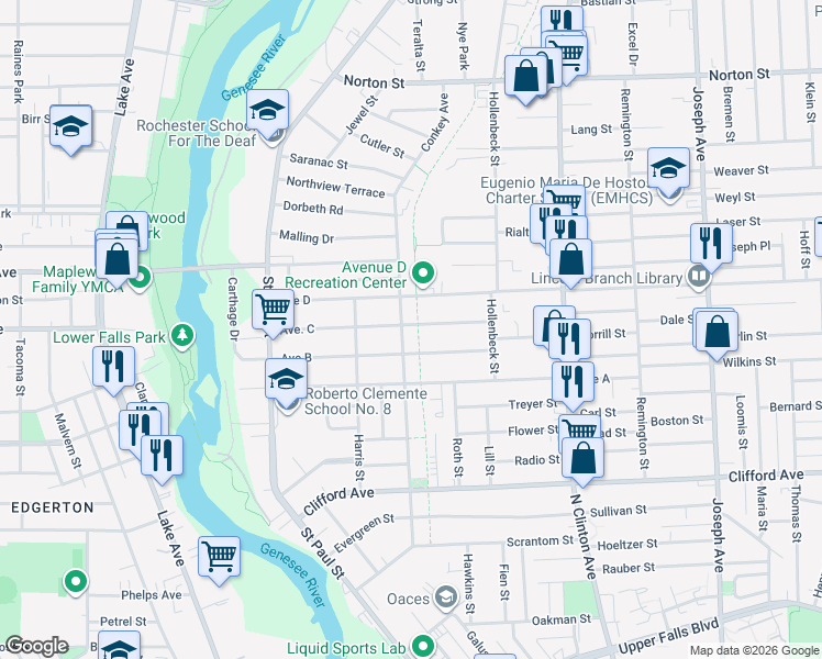 map of restaurants, bars, coffee shops, grocery stores, and more near 270 Avenue B in Rochester
