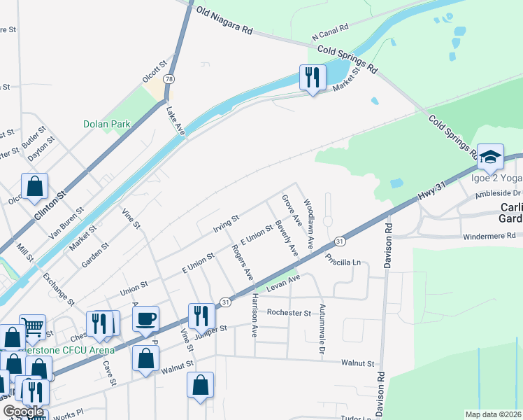 map of restaurants, bars, coffee shops, grocery stores, and more near 184 Irving Street in Lockport