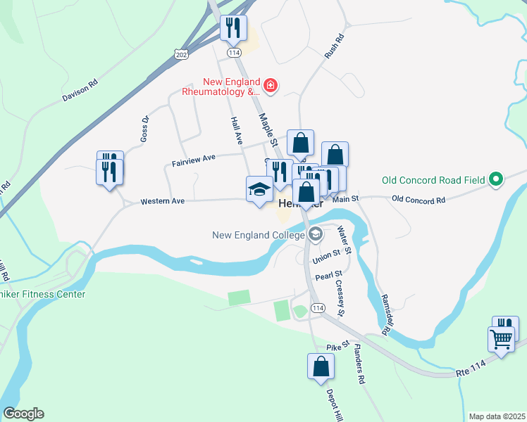 map of restaurants, bars, coffee shops, grocery stores, and more near 51 Western Avenue in Henniker