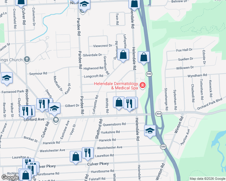 map of restaurants, bars, coffee shops, grocery stores, and more near 111 Cliffordale Park in Rochester