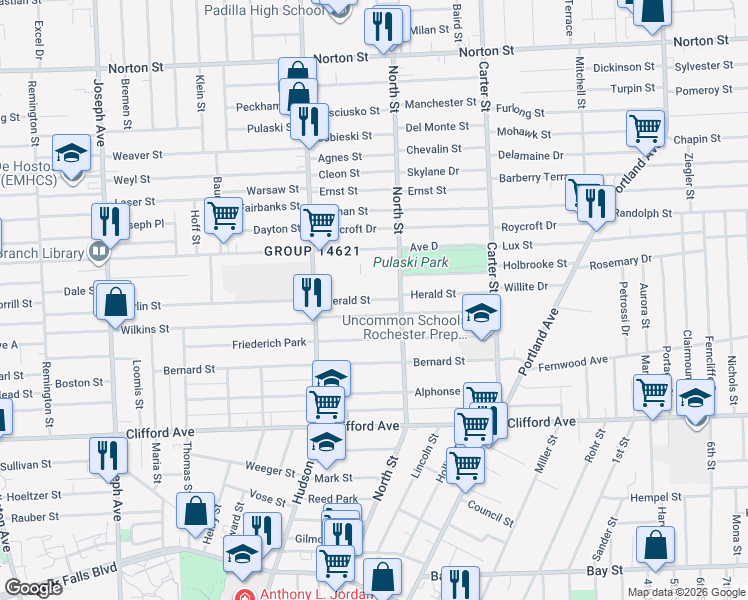 map of restaurants, bars, coffee shops, grocery stores, and more near 89 Herald Street in Rochester