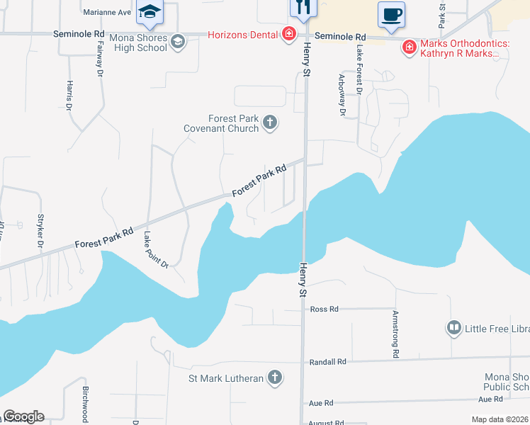 map of restaurants, bars, coffee shops, grocery stores, and more near 4046 Forest Point Drive in Norton Shores