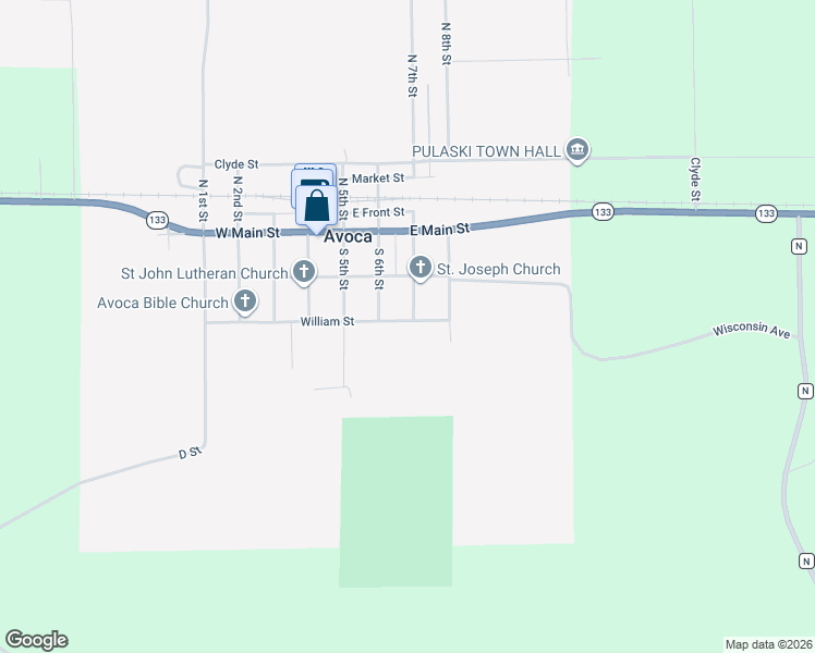 map of restaurants, bars, coffee shops, grocery stores, and more near 607 William Street in Avoca