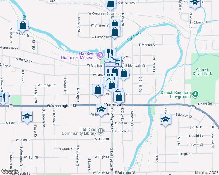 map of restaurants, bars, coffee shops, grocery stores, and more near 118 West Cass Street in Greenville