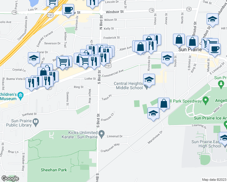 map of restaurants, bars, coffee shops, grocery stores, and more near 244 Talon Place in Sun Prairie