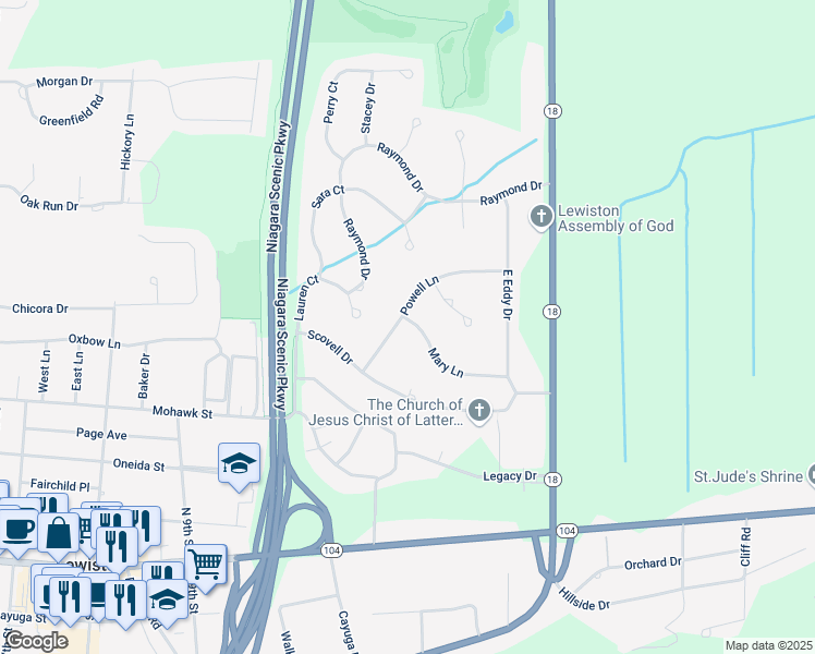 map of restaurants, bars, coffee shops, grocery stores, and more near 740 Mary Lane in Lewiston