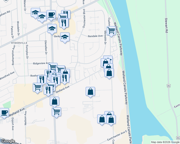 map of restaurants, bars, coffee shops, grocery stores, and more near 605 Welland Avenue in St. Catharines