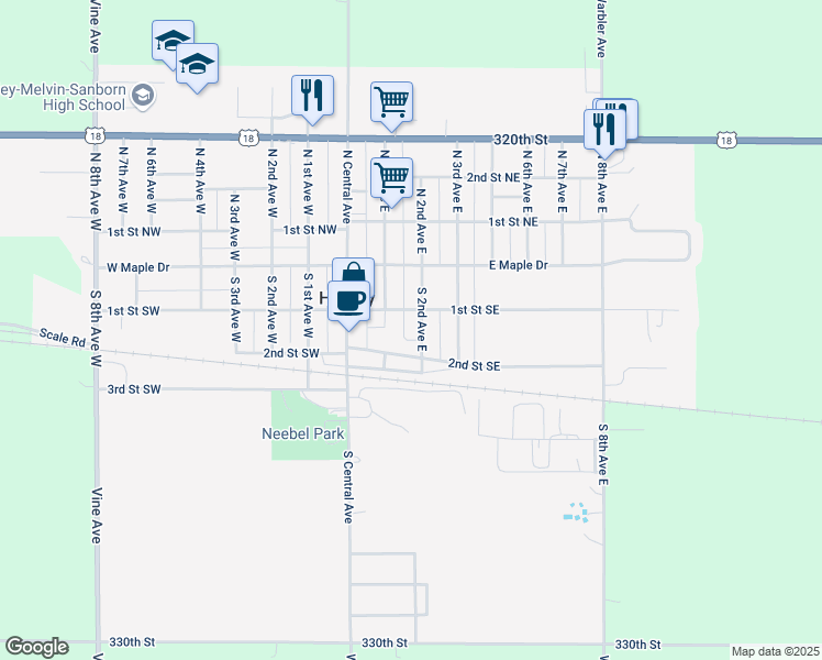 map of restaurants, bars, coffee shops, grocery stores, and more near 101-141 2nd Street Southeast in Hartley